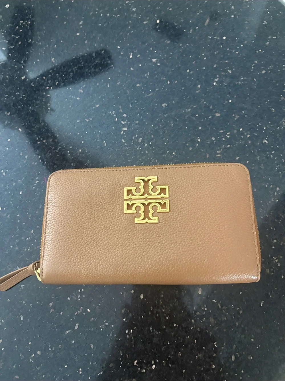 Tory Burch Brown Tan Britten Continental Leather Wallet with Gold Logo